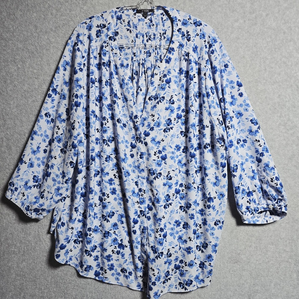 NYDJ Women Floral Pleated Top Blouse Shirt Size 1X Button Up  V Neck 3/4 Sleeve